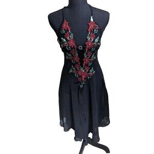 Angel's Story Midi Lingerie Dress Black Embroidered Flowers Lace Sheer Medium